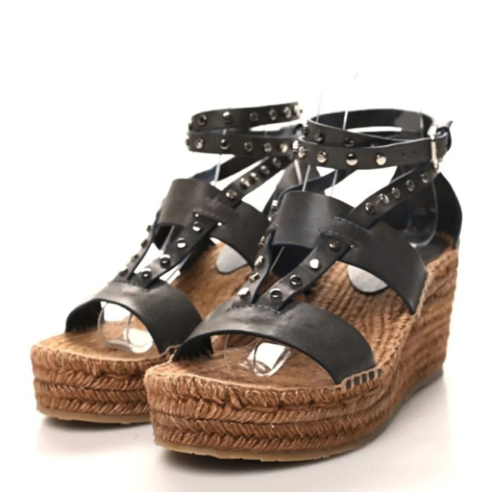 GUC Jimmy Choo Raffia Calfskin Stud Danica 80mm Wedge Sandals. Size 37 1/2